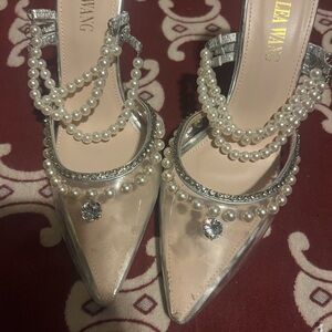 Elegant Silver Pearl Embellished Heels